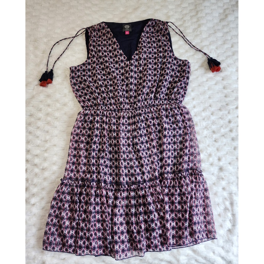Vince Camuto Women Size 14 Pink Geometric Tiered Ruffle‎ V Neck Tassel Dress